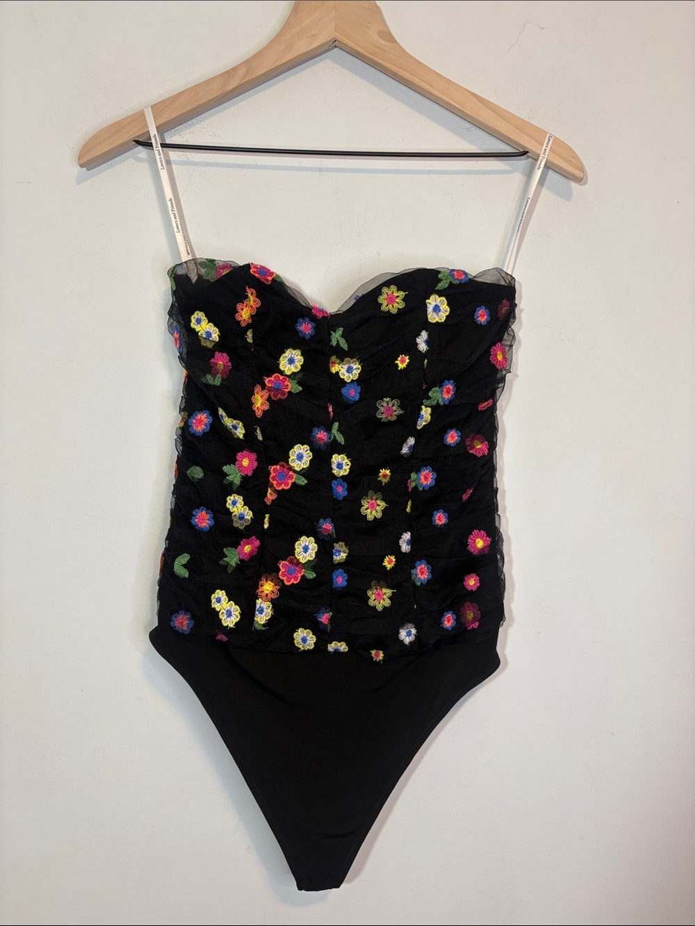Ruched Mesh Neon Flower Embroidery Black Lovers+Friends Youlanda Thong Bodysuit